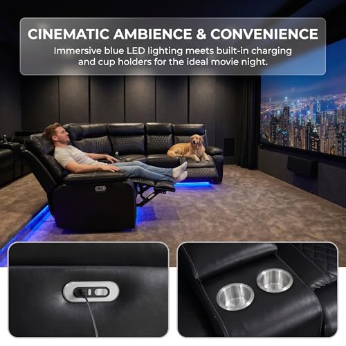Image of Power Reclining Sectional Sofa for Living Room,Modern L-Shaped Air Leather Sectional Couch Set,Recliner Sofa Set,with LED Lights,Cup Holder,Storage,Charging Ports,Home (Blcak)
