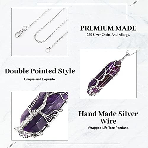 Yaomiao Energy Healing Crystal Necklace Hexagonal Pendant Necklace Wire Wrapped Gemstone Necklace Pointed Quartz Necklace Natural Crystal Stone Pendant with Silver Chain for Women Valentine's Jewelry