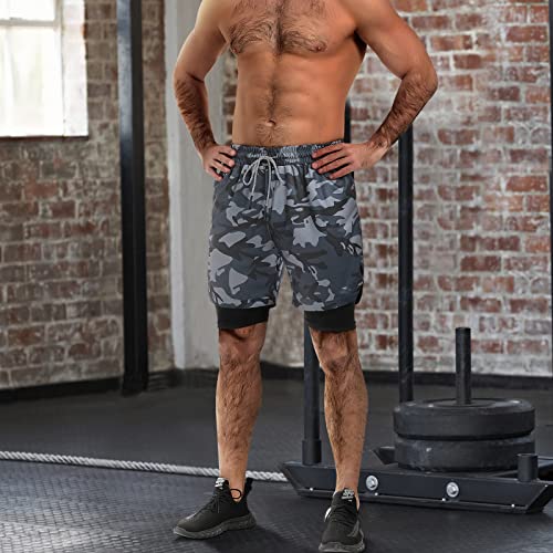 Fioneca 2 In 1 Mens Shorts Casual 2 Pack, Running Gym Shorts For Men 7 Inch, Workout Shorts Men With Pockets &Towel Loop -(Camouflage Gray&Green,L) #TOP4