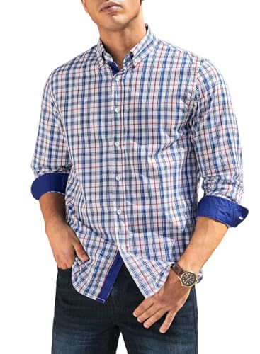 Elegancity Mens Checked Shirt Contrast Smart Casual Cotton Formal Shirts Long Sleeve Business Dress Shirt for Men Regular Fit (Blue, XX-Large)