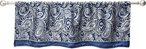 Madison Park Aubrey Faux Silk Paisley Jacquard, Rod Pocket Curtain With Privacy Lining For Living Room, Kitchen, Bedroom And Dorm, 50 In X 18 In, Navy Valance #TOP2