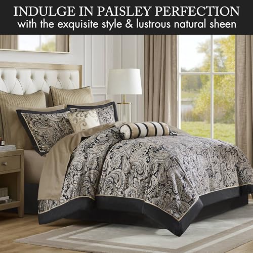 Image of Madison Park Aubrey Cozy Comforter Set, Faux Silk Jacquard Paisley Design - All Season Down Alternative Bedding with Cotton Bed Sheets, Bed Skirt & Toss Pillows, California King Black 12 Piece