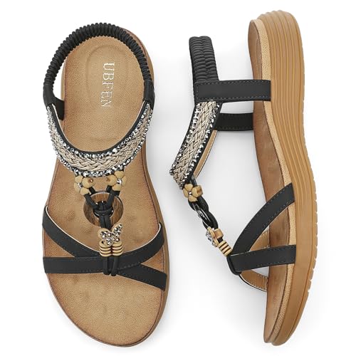 Image of UBFEN Womens Bohemian Flat Sandals With Back Strap Summer Beach Comfortable Bling