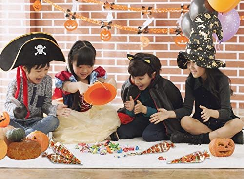 RFWIN 100Pcs Pumpkin Cone Bag Halloween Clear Cellophane Treat Bags, Party Favor Bags with Gold Twist Ties for Candy Cookies