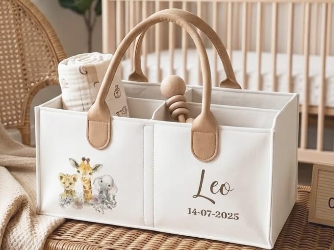 Custom named Safari Animals Personalised Baby Diaper Caddy, Jungle Print Nursery Storage Carrier and Toddler Car Organiser, Unique Bespoke Gender Reveal Gift