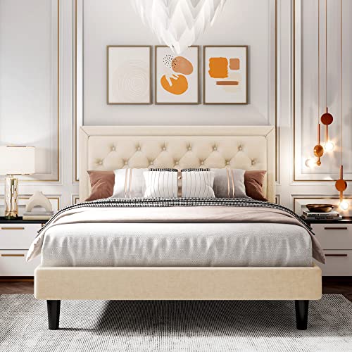 Einfach Queen Size Modern Deluxe Platform Bed Frame Button Tufted Fabric Upholstered Bed Frame With Adjustable Headboard/Wood Slats Support/Mattress Foundation/Easy Assembly, Light Beige #TOP11