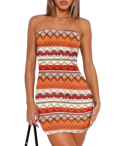 Image of OFEEFAN Summer Dresses for Women 2025 Strapless Ruched Party Club Bodycon Mini Dress