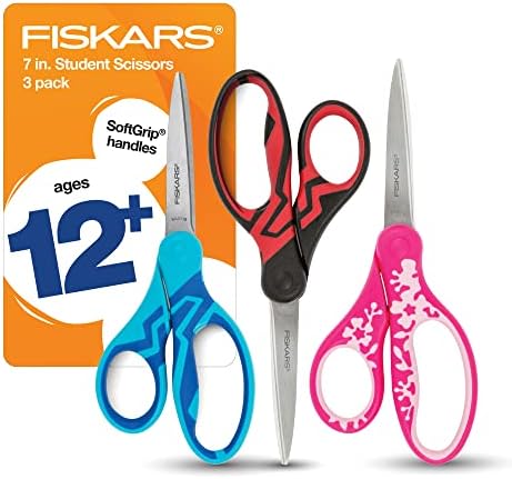 Fiskars 7" SoftGrip Student Scissors for Kids 12-14 (3-Pack) - Scissors for School or Crafting - Back to School Supplies - Black, Pink, Blue