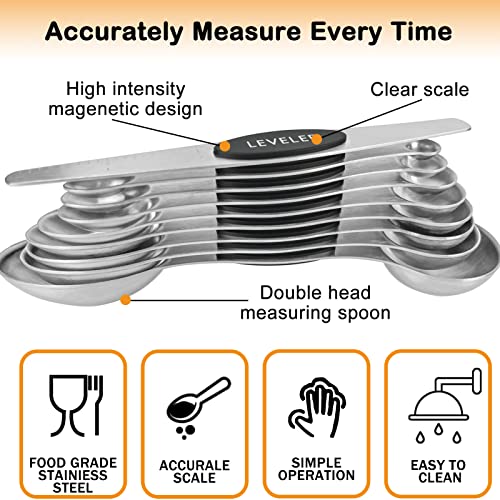 Magnetic Measuring Spoons Set Of 9, Stainless Steel, Dual Sided For Liquid And Dry Food, Tablespoon With Metric And Us Measurements, Spoons Fit In Spice Jars, Cooking, Baking, Dishwasher Safe (Black) #TOP1
