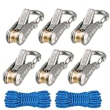 Rollenspanner mit Messingrolle, 6er Set metallischer Seilspanner inklusive 2 reflektierende Nylon Paracord Leinen, Verstellbarer Seilversteller mit Karabiner für Camping Zelt Boot Markise