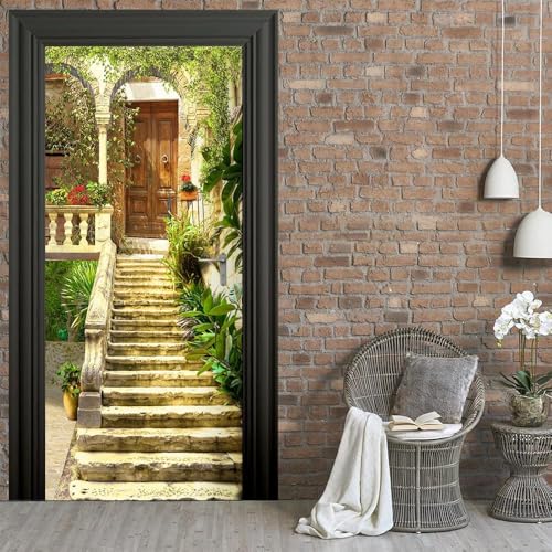 Pegatinas Puerta 3D Escaleras Pegatinas para Puertas de Plantas y Flores Vinilo Decorativo Pegatina Pared Mural para Puerta Autoadhesivas Papel Pintado Puerta 90x210 cm A-5285