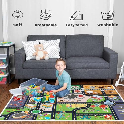 Pyrrhite Kids Rug Playroom Car Rug Play Mat City Life Road Rug for Cars Fun City Map for Track Toys,Carpet for Bedroom Boys (city01, 3.3×4.9ft/39×59in)