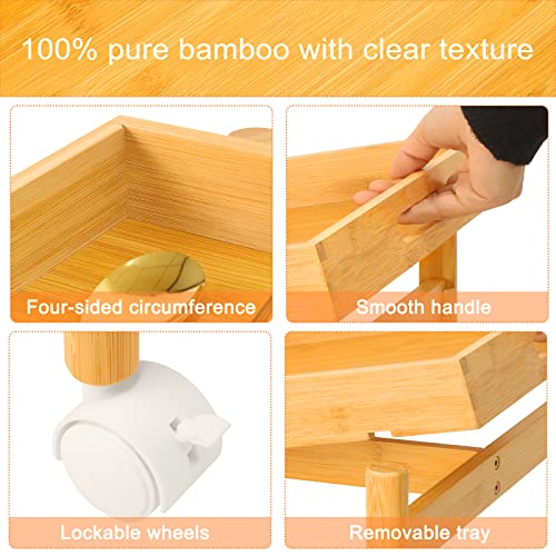 Mxbamhyc Bamboo Bar Cart, Serving Cart With Rolling Tray, Utility Cart With Wheels And Trays,2 Tier Coffee Cart Suitable For Kitchen, Living Room Outdoor Indoor, 16.6" L X 12.6" W X 28.1H #TOP5