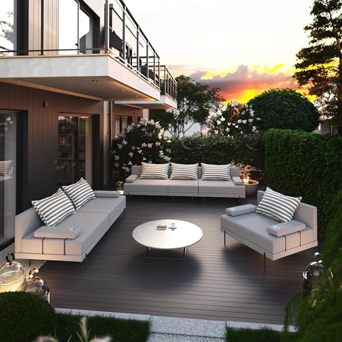 TRADA Salon de Jardin 2 Canapés + 1 Fauteuil en Bois Bahama 3 + 2 + 1 pour 6 Personnes (Set 6) (Gris + Coussins à Rayures)