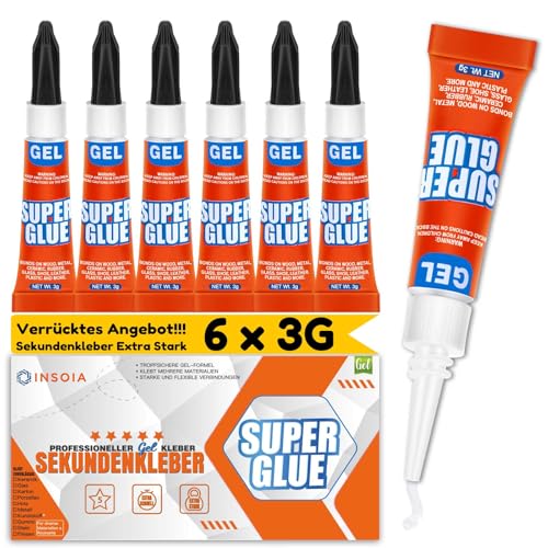 Sekundenkleber Gel (6er-Pack x 3g) extra stark & wasserfest Superkleber für schnelle flexible Sofortreparaturen transparent kontakt Kleber für alles Kunststoff Holz modellbau Glasuvm.