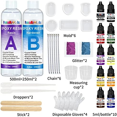 Epoxy Resin Kit 500ml, 2 Part Casting Resin Starter Kit, Resin Kits for Beginners, Epoxy Resin and Hardener with Key Chains Moulds for Sculpting Moulding & Casting, Art & Craft, Jewelry Making Kit