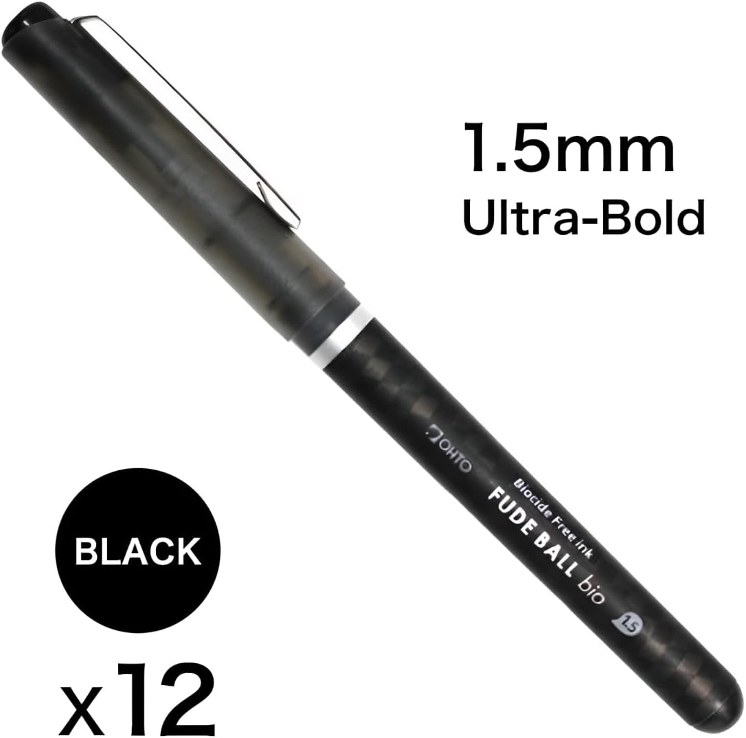OHTO Fude Ball Bio 1.5 Rollerball Pen, Ultra-Bold 1.5mm, Water-Based Biocide Free Ink, Black, CFR-15FBO-BK, Pack of 12