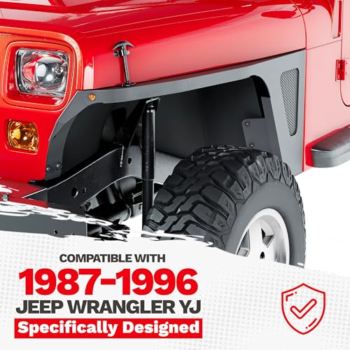 ECOTRIC Front Fender Flare Compatible with 1987-1996 Jeep Wrangler YJ Tube Armor Rocker Guards W/LED Eagle Lights W/Mesh Insert Black Driver Side and Passenger Side by ECOTRIC - Image 2