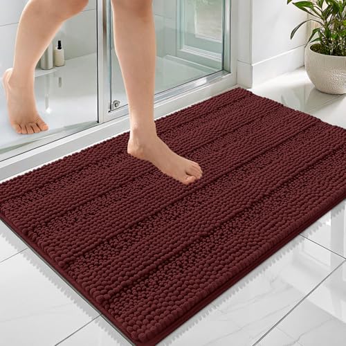 Image of OLANLY Thick Bathroom Rugs 36x24, Extra Absorbent Chenille Striped Bath Rugs, Rubber Backing, Machine Wash Dry, Bath Mats for Bathroom Floor, Tub and Shower, Home Decor Accessories, Andorra Red-Brown