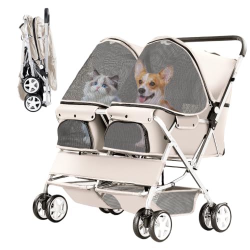 LPOTIUS Double Pet Stroller for 2 Dogs & Cats, Side-by-Side, Gray