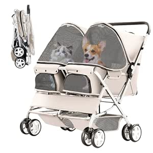 Double Pet Stroller for 2 Dogs & Cats, Side-by-Side, Gray