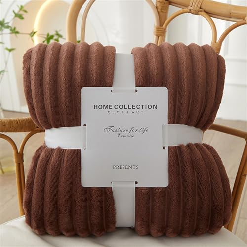 Chickwin Solid Color Flannel Fleece Throw Blanket, Stripes Jacquard Fluffy Blankets Microfiber Throw Blanket Warm Thick Soft Comfortable Sofa Throws Winter Blanket for Bed (70x100cm,Brown)