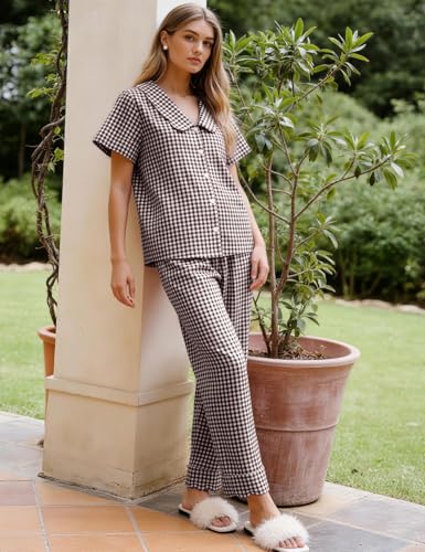 Image of Flygo Womens Gingham Pajamas Set Cotton 2 Piece Pj Set Scalloped Collar Babydoll Shirt Pants Plaid Y2K Lounge Sets