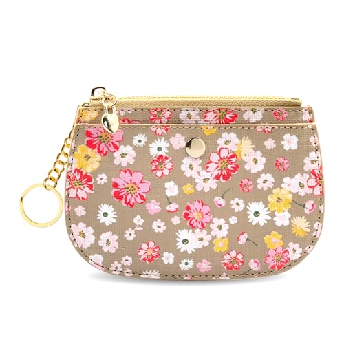 Coin Purse Wallet with Keyring, Small Zipper Pouch, Credit Card Holder, Taupe with Pink and Yellow Flowers (Taupe)2