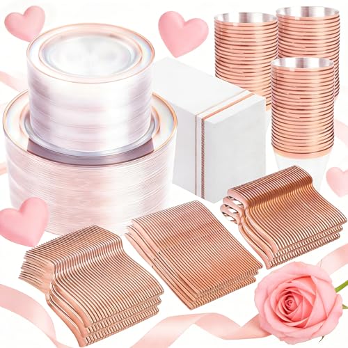 GATHER 700PCS Rose Gold Plastic Plates - Clear Rose Gold