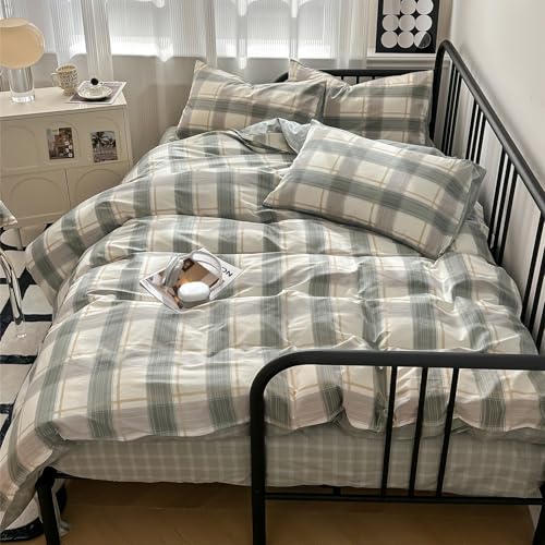 mixinni Full Size Buffalo Plaid Duvet Cover Set - 3 Piece Green White Geometric Bedding Set with Zipper Closure & Ties, 100% Washed Cotton Soft Breathable Duvet Cover for Men, Women, Teens (Full) by mixinni - Used condition - Image 9