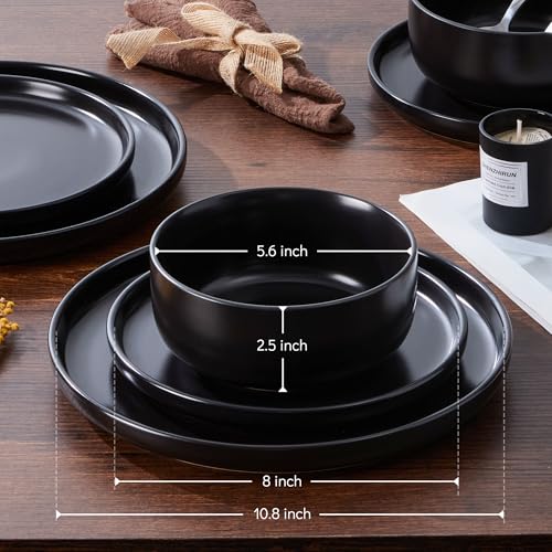 E-far Stoneware Dinnerware Sets for 4, 12-Piece Plates and Bowls Set, Modern Ceramic Dishes Dinning Ware, Microwave & Dishwasher Safe - Matte Black by E-far - Image 2