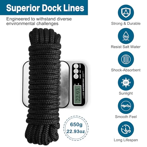 Image of 2 Pack 1 /2 inch x 20' Boat Dock Lines for Boat & Pontoon, Premium Marine- Grade Double Braided Nylon Boat Lines, Pre-Spliced with a 12 inch Eyelet-Black,Boating Gifts for Men.
