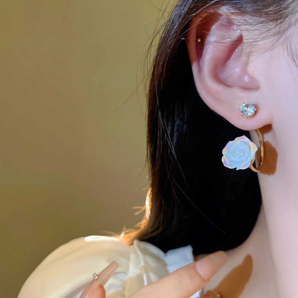 Vintage Flower Hoop Huggie Earrings for Women,Fashionable Exquisite Camellia Floral Dangle Drop Earrings Elegant Party Jewelry Gifts - Image 9