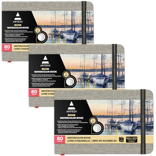ARTEZA Watercolor Book, Pack of 3, 80 Pages Each, 3.5x5.5 Inch Watercolor Notebook, 110lb/230gsm Water Color Paper