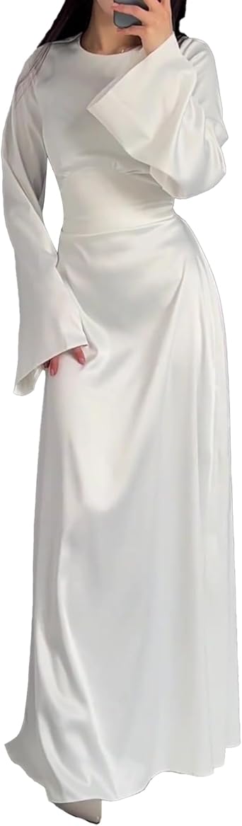iticat Womens Slip Satin Long Dress Long Sleeve Round Neck Back Lace Up Bandage Tie Wedding Party Maxi Dresses