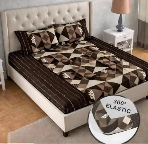 Image of Rajat Presents Premium Cotton Elastic Fitted Geometric Bedsheets with 2 King Size Pillow Covers | Double Bed with All Around Elastic 180 TC Supersoft | (72 inchX78 inch, 180-200 TC A1220