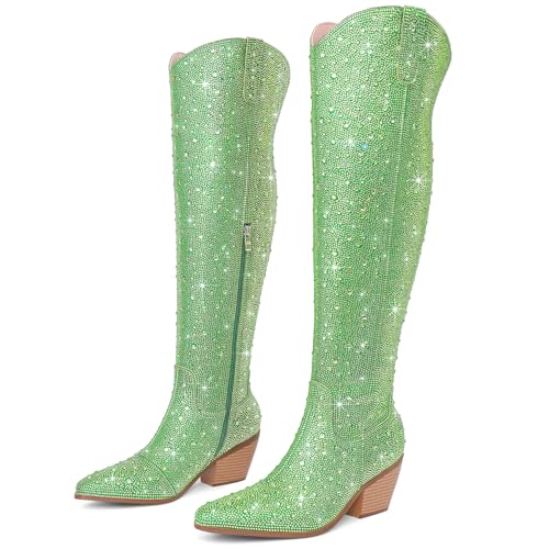 Image of Women Rhinestone Over the Knee Cowboy Boots, Sparkly Bling Cowgirl Boots Western Thigh High Boots Pull-On Side Zippers Chunky Heel Pointed Toe For Concerts, Music Festivals, Parties & Night Out