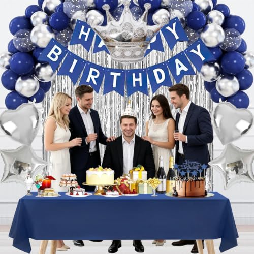 Navy Blue Birthday Party Decorations Set – 92Pcs Set with Banner, Star Garland, Crown, Heart & Star Foil Balloons, Fringe Curtain, Cake Topper, Tablecloth, Latex & Confetti Balloons for Men & Women - image 4