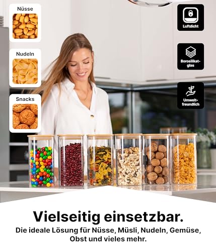 Foto von Deco haus® Vorratsgläser mit Deckel eckig 6er Set [+ETIKETTEN] - Vorratsdosen Glas mit Deckel luftdicht - Vorratsglas mit Holzdeckel - Müsli Aufbewahrungsgläser - Glasbehälter Vorratsbehälter
