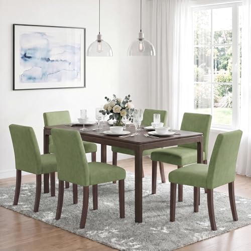 Image of Upholstered Dining Chairs Set of 6, Mid-Century Dining Room Chairs with Wooden Legs, Farmhouse Fabric Parsons Chairs for Small Space Restaurant & Cafe- Green