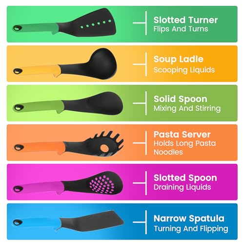 Cucina da cucina con utensili Ohanian Multi colore Set di 6 strumenti di alta qualità su supporto rotante Include cucchiaio mestolo Skimmer Cucchiaio scanalato Turner Forchetta per spaghetti - immagine 4