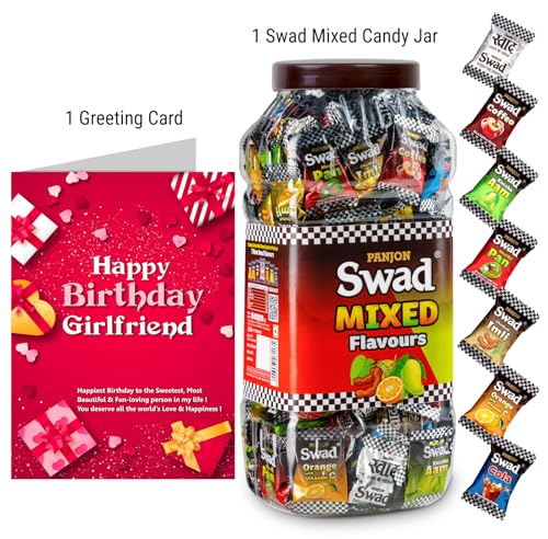 Image of Swad Happy Birthday Girl friend Gift with Card (Swad Mixed Flavours Candy 200 Jar & 1 Greeting card) 2 units