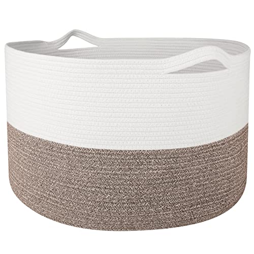 WISELIFE Storage Basket Large Cotton Rope Basket 21.7"x 21.7" x 13.8" Baby Laundry Basket with Handle Big Basket Soft Nursery Cube Bin Durable Laundry Hamper for Living Room (White/Brown)