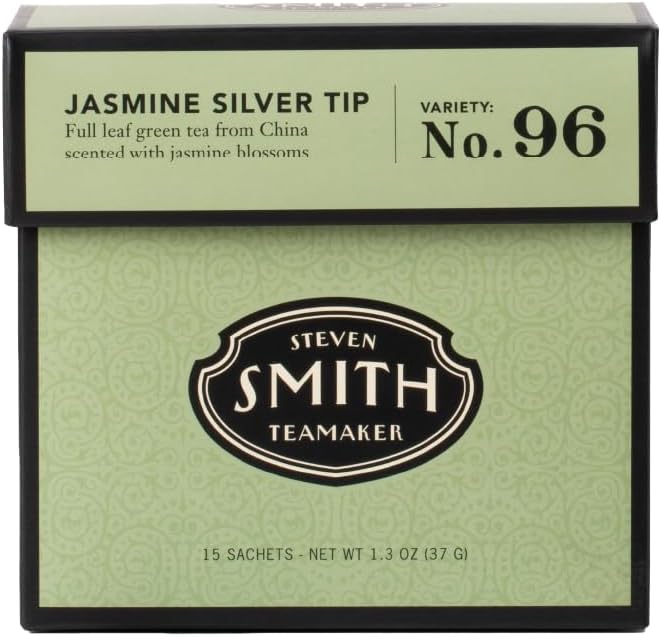 Smith Teamaker Jasmine Silver Tip No. 96 Green Tea with Jasmine Blossoms, Caffeinated, Sugar-Free, Sustainably Grown, Full Leaf Green Tea Bags, 15 Sachets, 1.3oz each