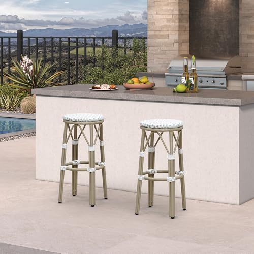Image of PURPLE LEAF Outdoor Round Bar Height Stool Set of 2 Patio Backless Barstools Aluminum Frame in Champagne Finish with White & Gray Woven Rattan for Indoor Kitchen Dining Bistros Cafe Restaurant