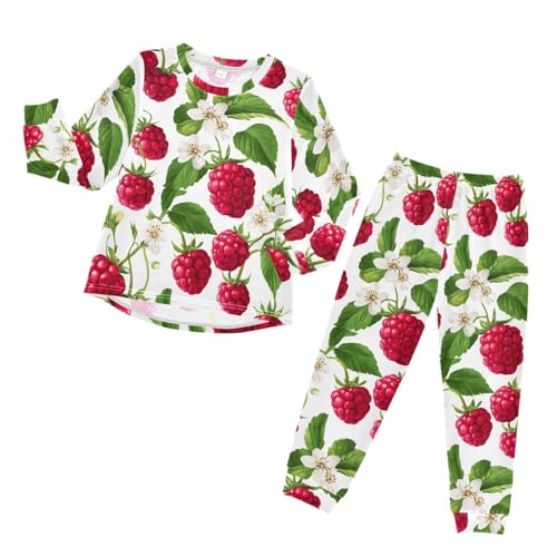 Raspberry Flower Leaf Pattern Soft Pajama Set for All Seasons,Breathable Pjs Long Sleeve Sleepwear,Comfy Loungewear 2 Piece Underwear Set 5T