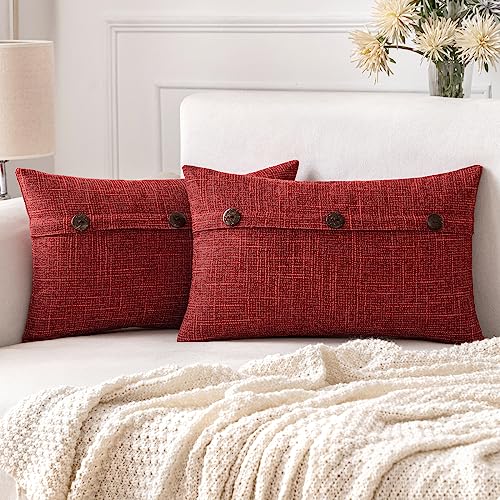 ANRODUO Set of 2 Linen Throw Pillow Covers Triple Button Burlap Solid Cushion Cover Decorative Vintage Farmhouse Modern Concise Pillowcase for Couch Sofa Bed Car 12 x 20 Inch 30 x 50 cm Wine Red