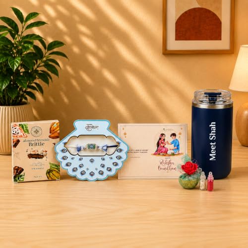 Image of Giftana Personalized Rakhi Gift Set for Brother with Evil Eye Rakhi, Coffee Tumbler 350ml, Greeting Card Set, Raksha Bandhan Gift Combo for Bhai & Bhaiya (Blue)