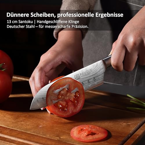 PAUDIN Santokumesser 13 cm, Ultrascharfes Küchenmesser aus Hochkohlenstoff-Edelstahl, Ergonomisch&Vielseitig für Fleisch, Gemüse&Obst, Ideal für Hobbyköche&Profis, Nachhaltig mit lebenslanger Garantie 4