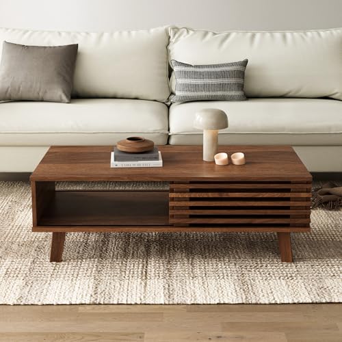 Image of Furniway Mid Century Modern Coffee Table, Wood Coffee Table with Storage, Farmhouse Table for Living Room, Apartment, Walnut